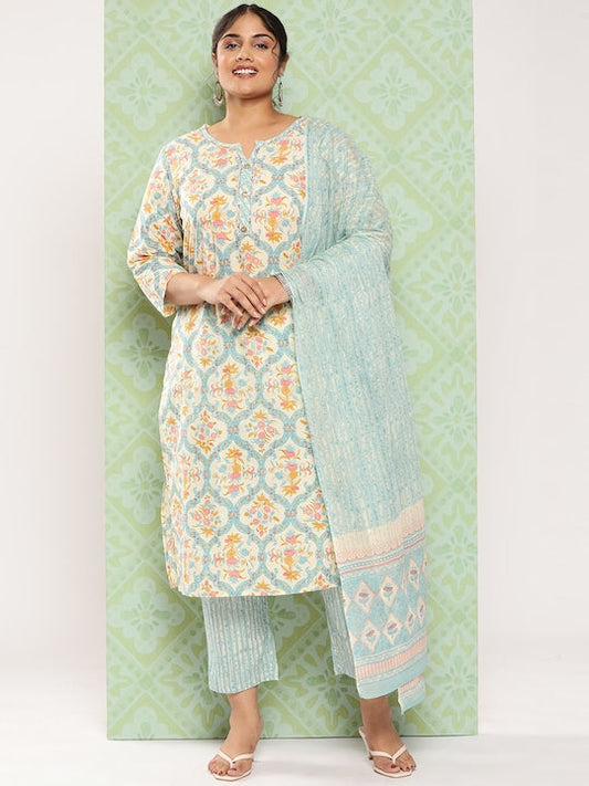 Yufta Plus Size Floral Printed Kantha Work Pure Cotton Kurta with Trousers & Dupatta