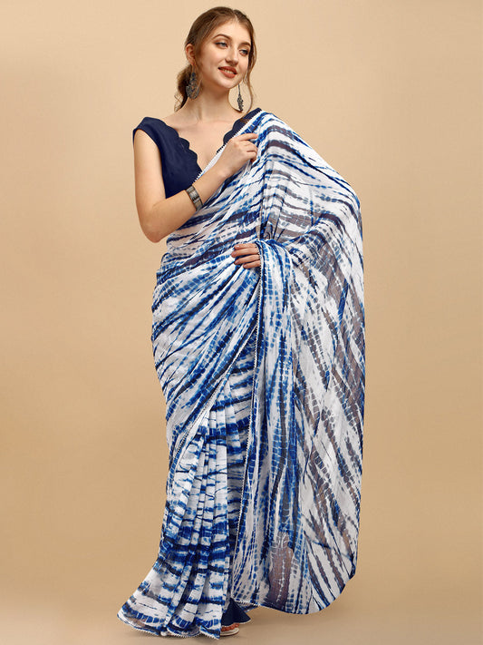 Sangria Blue & White Tie and Dye Poly Chiffon Saree