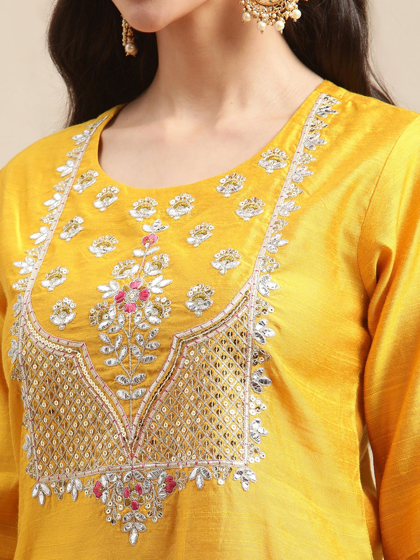 KSUT Mustard Heavy Yoke Embroidery Kurta With Pink Sheer Dupatta (Set of 3)