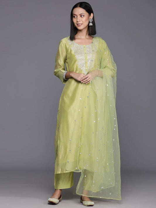 Varanga Floral Embroidered Regular Chanderi Silk Kurta with Trousers & Dupatta