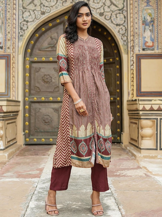 Scakhi Ethnic Motifs Printed Pleated Kurta With Trousers