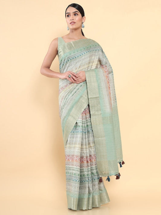 Soch Green & Pink Woven Design Zari Pure Silk Tussar Saree