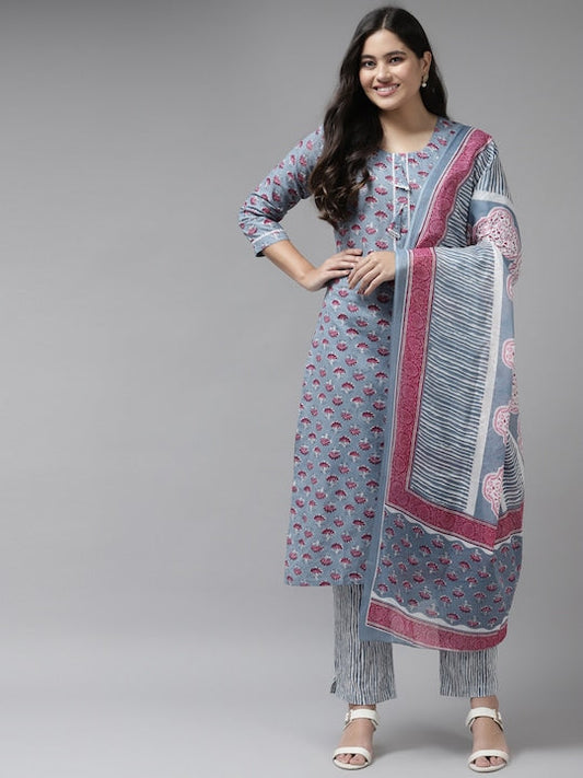 Yufta Women Grey Ethnic Motifs Printed Pure Cotton Kurta with Trousers & With Dupatta - S