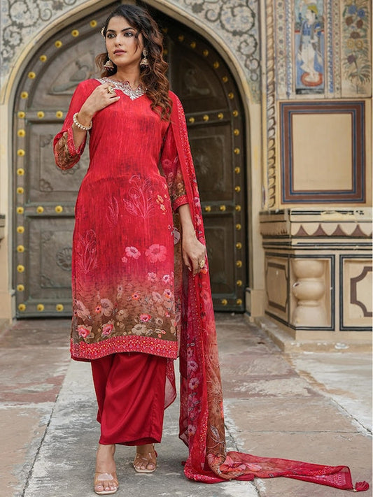 Scakhi Floral Printed Regular Gotta Patti Silk Crepe Kurta with Palazzos & With Dupatta