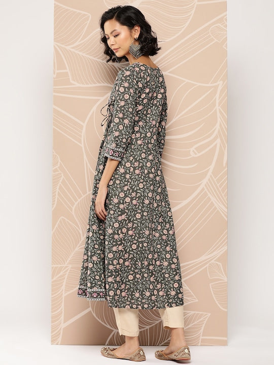 Yufta Floral Printed Anarkali Cotton Kurta
