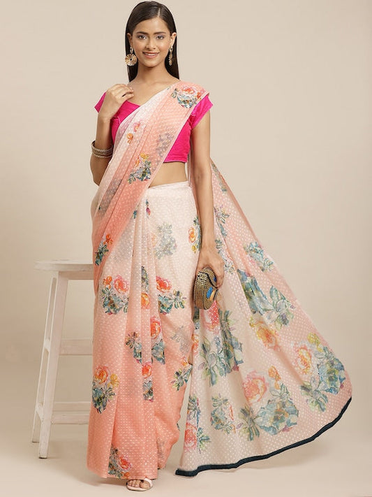 Silk Land Peach-Coloured & Blue Floral Chiffon Saree