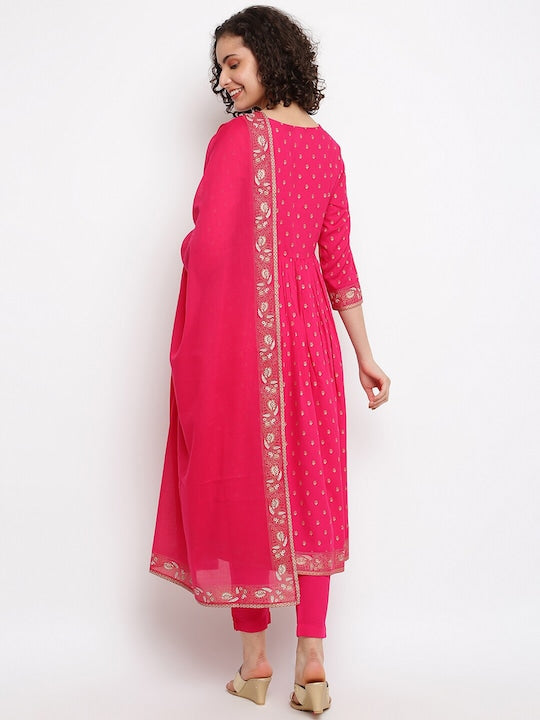 IMARA Ethnic Motifs Printed Pleated Gotta Patti A-Line Kurta with Trousers & With Dupatta