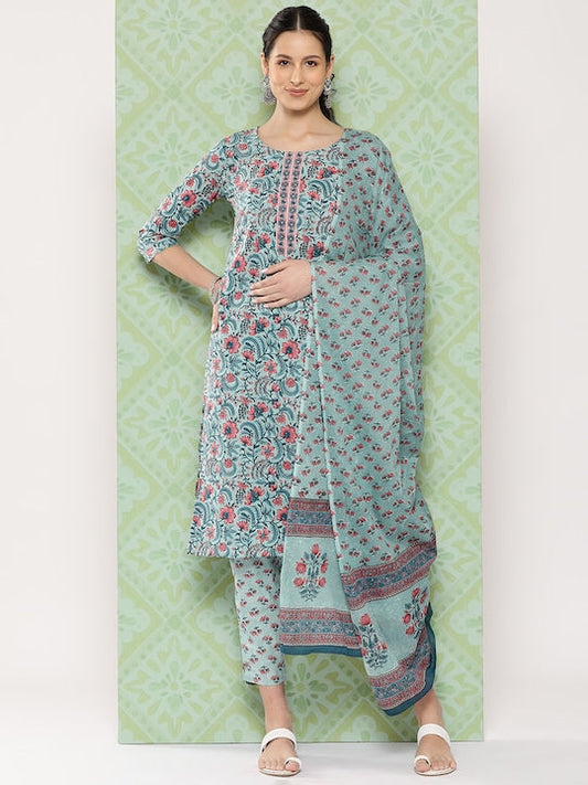 Yufta Women Floral Printed Regular Sequinned Kurta with Trousers & Dupatta