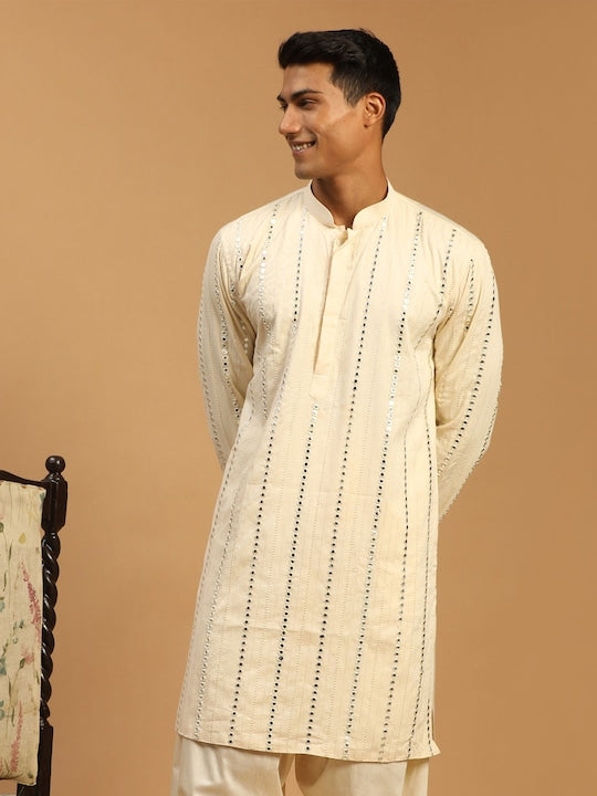 Vastramay Men Cream-Coloured Mirror Work Kurta