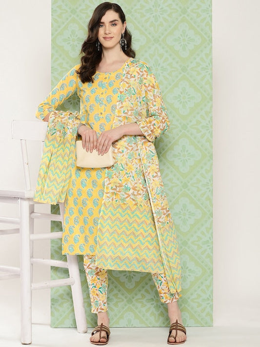 Yufta Women Paisley Printed Regular Pure Cotton Kurta with Trousers & With Dupatta Yellow