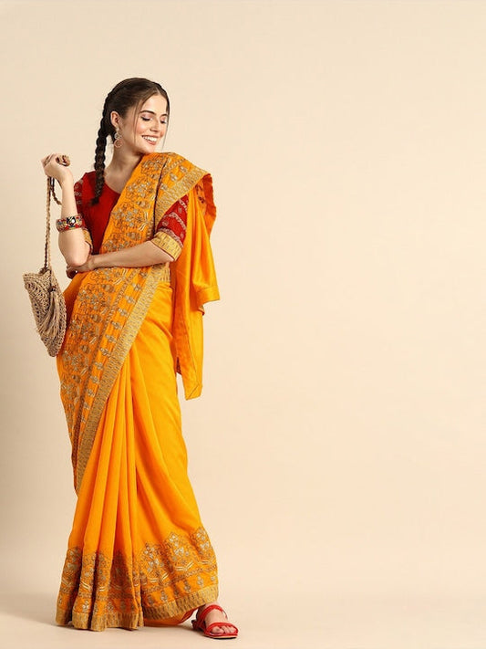 Sangria Women Mustard Silk Blend Dyed Embroidered Border Saree