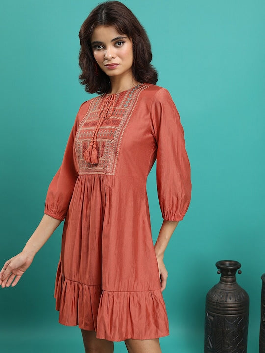 Vishudh Rust Tie-Up Neck Puff Sleeve Gathered or Pleated Fit & Flare Dress