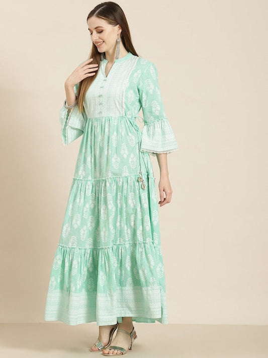 Juniper Women Mint Green Ethnic Motifs Printed Bell Sleeves Anarkali Kurta