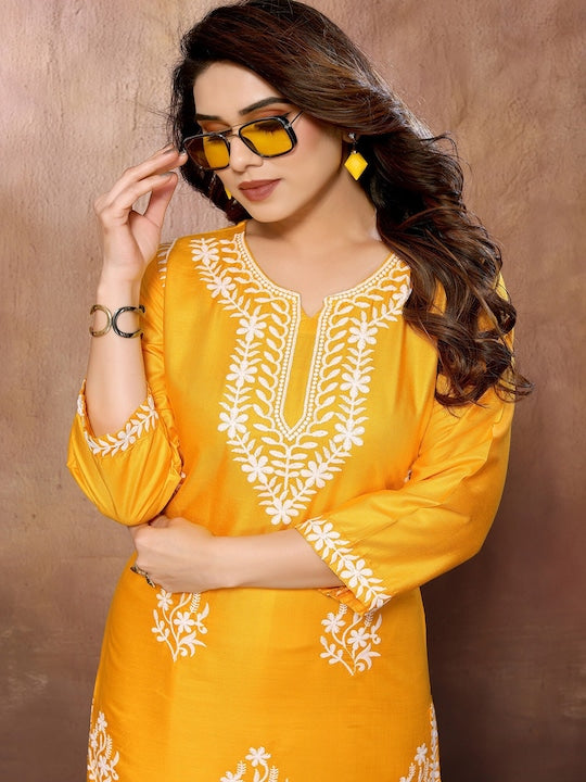 Fabmora Floral Embroidered Round Neck Three-Quarter Sleeves Chikankari Kurta with Palazzos