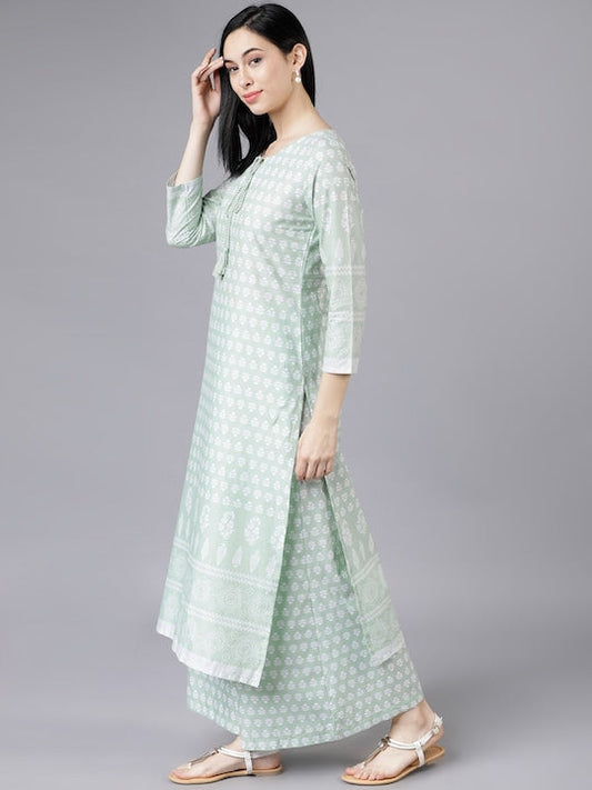 Vishudh Women Green & Off-White Printed Kurta with Palazzos