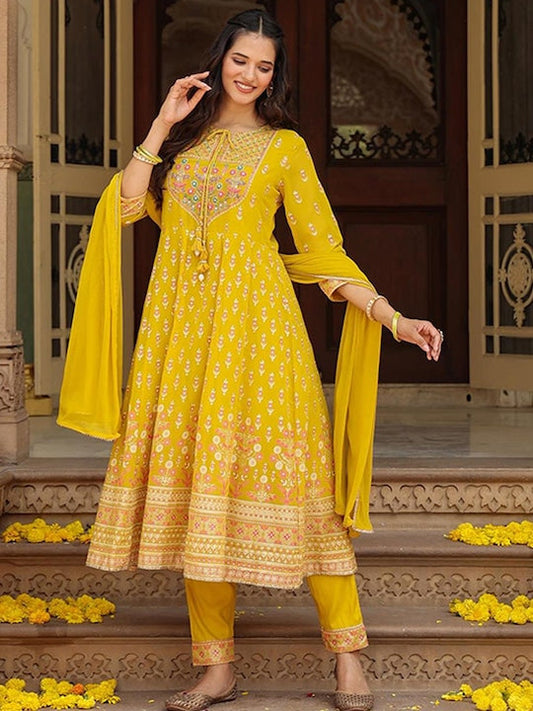 Scakhi Floral Yoke Design Tie Up Neck Beads & Stones Kurta With Trousers & Dupatta