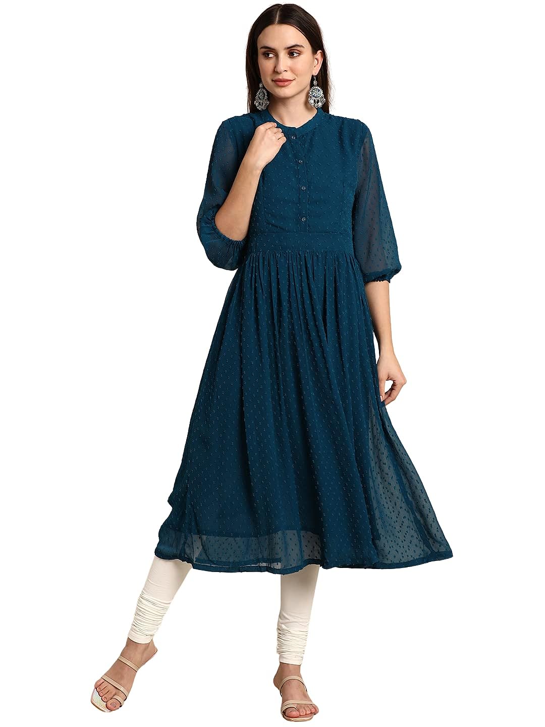 Janasya Women's Teal Poly Chiffon Self Design Flared Western Dress