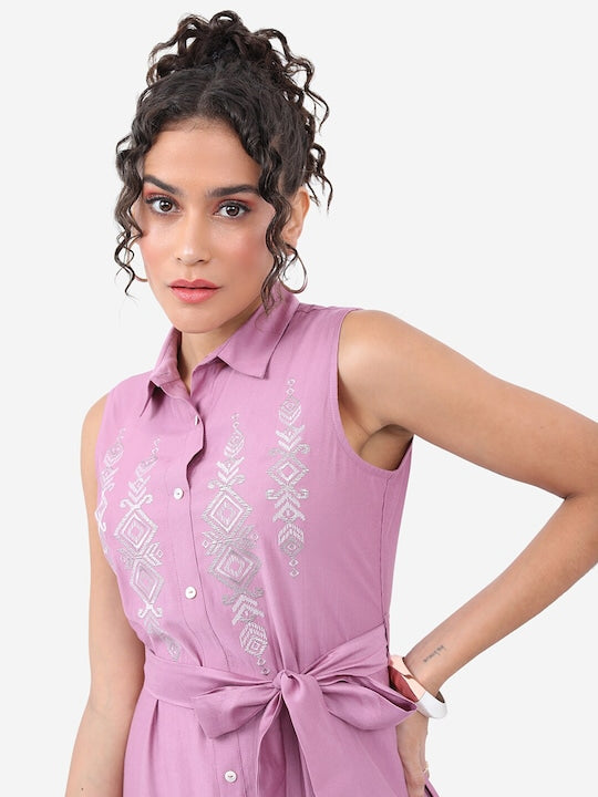 Vishudh Mauve Solid Printed A-Line Maxi Dress