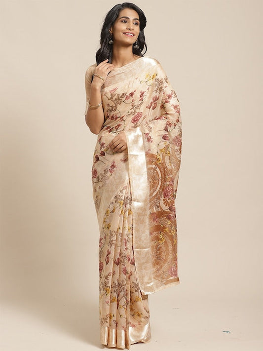 Saree mall Beige & Yellow Floral Cotton Blend Sarees