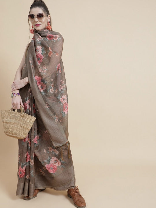 AKS Floral Printed Organza Saree