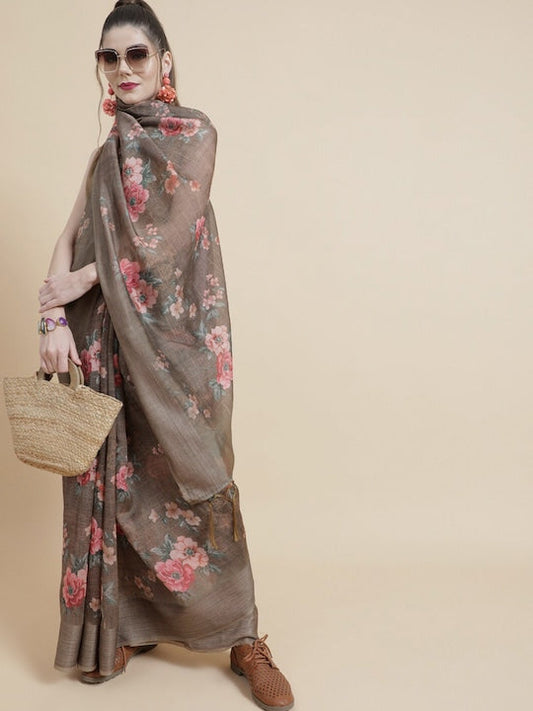 AKS Floral Printed Organza Saree