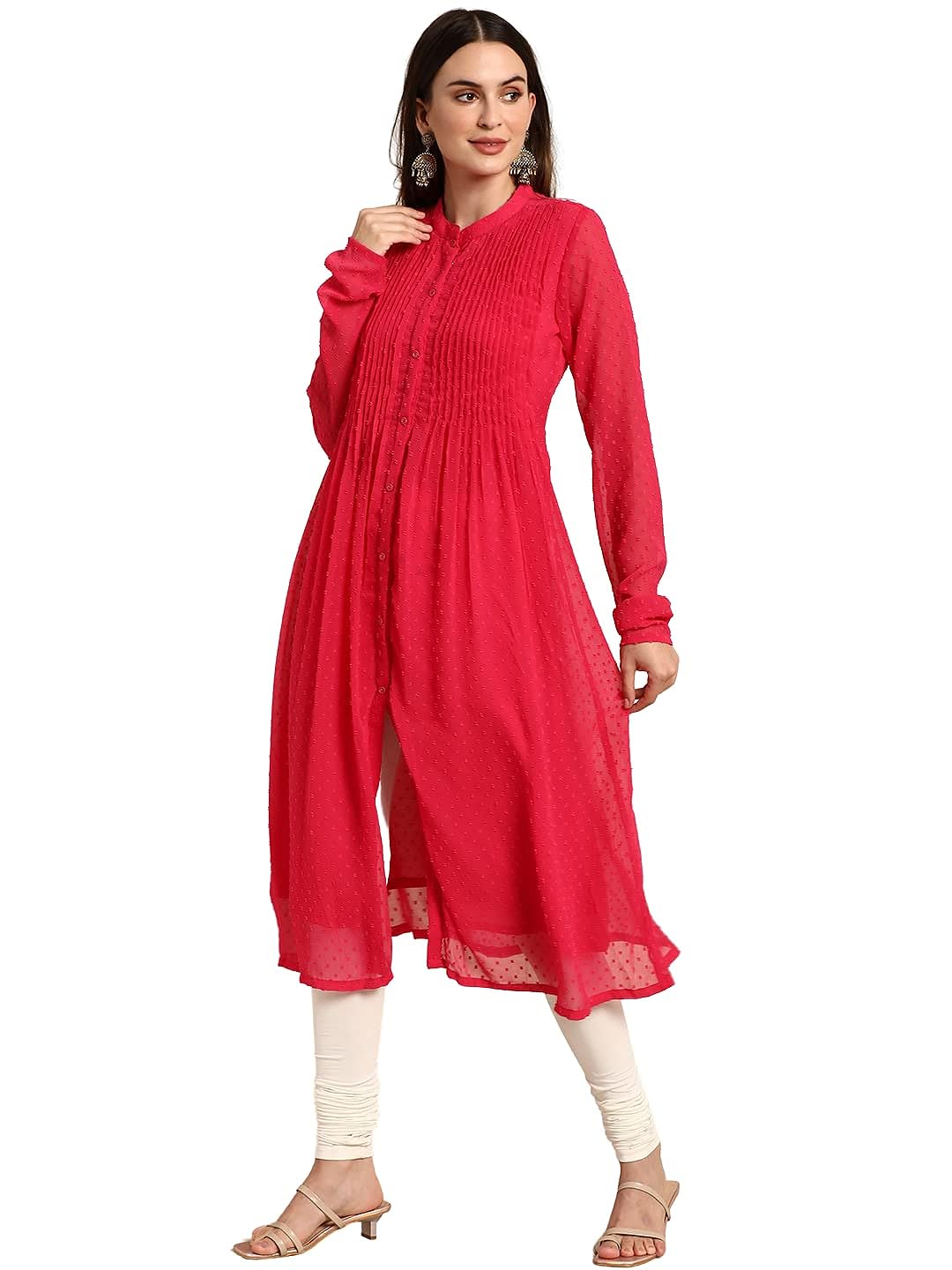 Janasya Women's Pink Poly Chiffon Self Design Frontslit Kurta