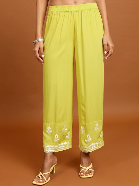 Vishudh Yellow Floral Embroidered Straight Kurta with Palazzos
