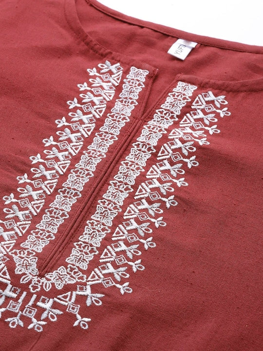 Yufta Women Maroon & White Embroidered Pure Cotton Kurta with Palazzos & Dupatta