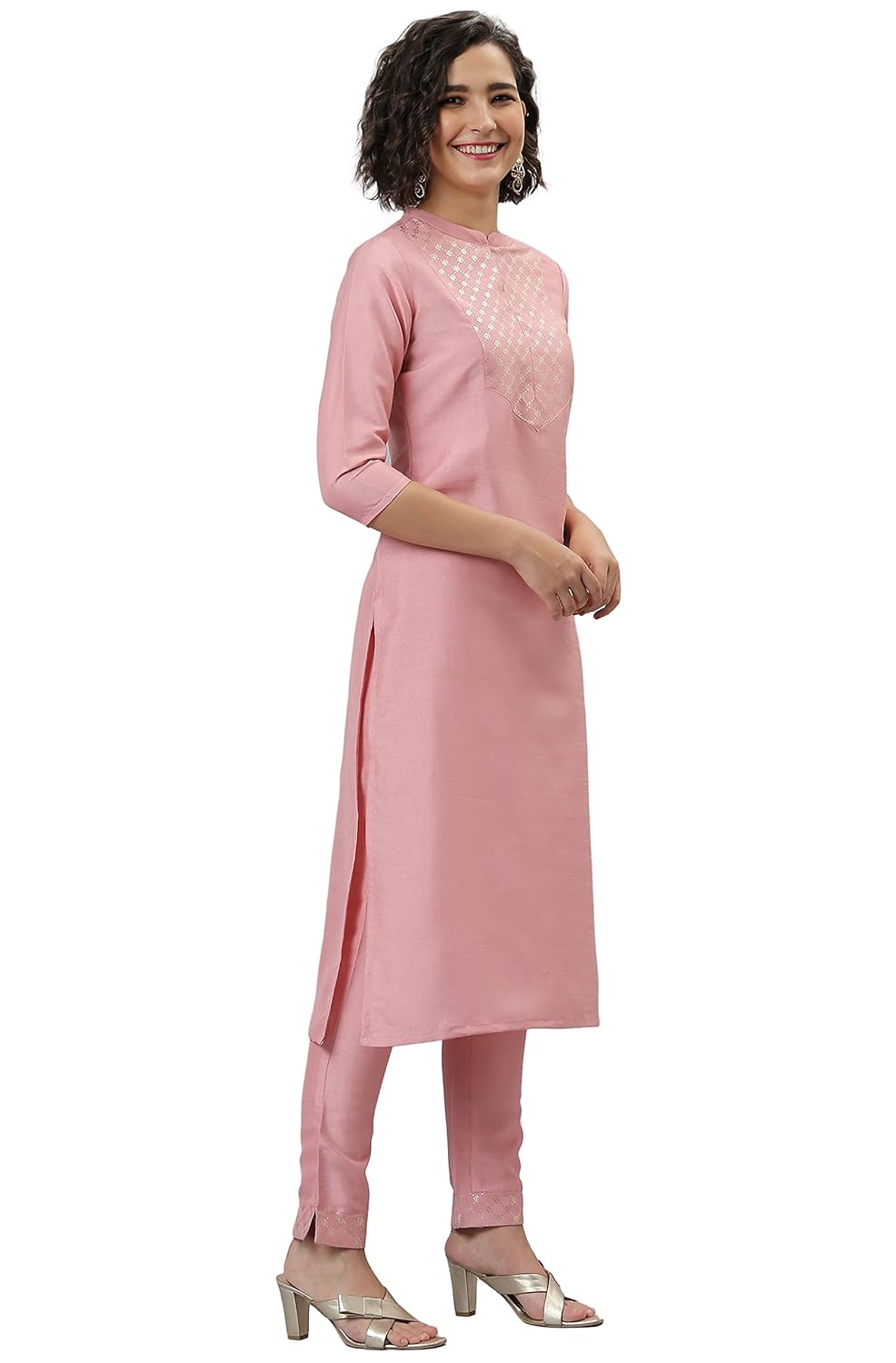 Janasya Women's Pink Poly Silk Floral Print Kurta with Pant and Dupatta