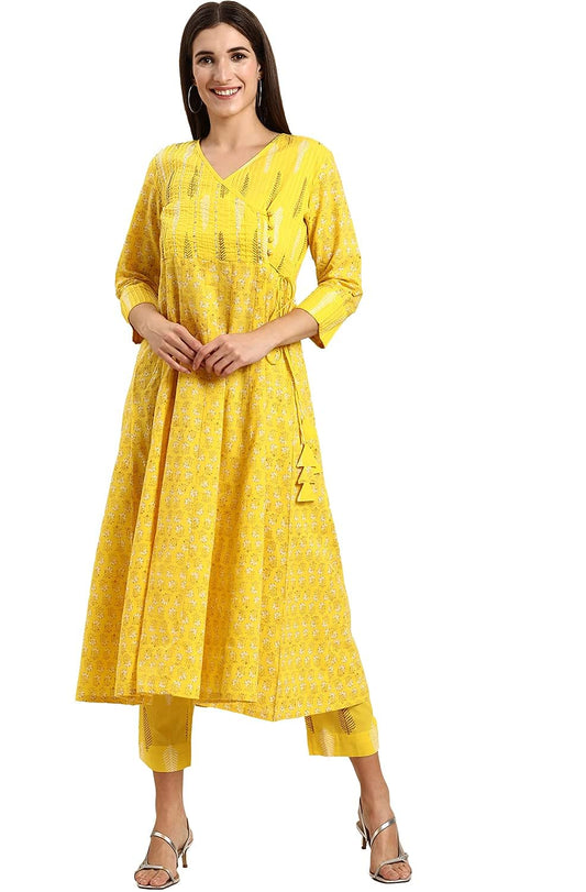 Janasya Women's Yellow Cotton Kurta with Pant - 2XL