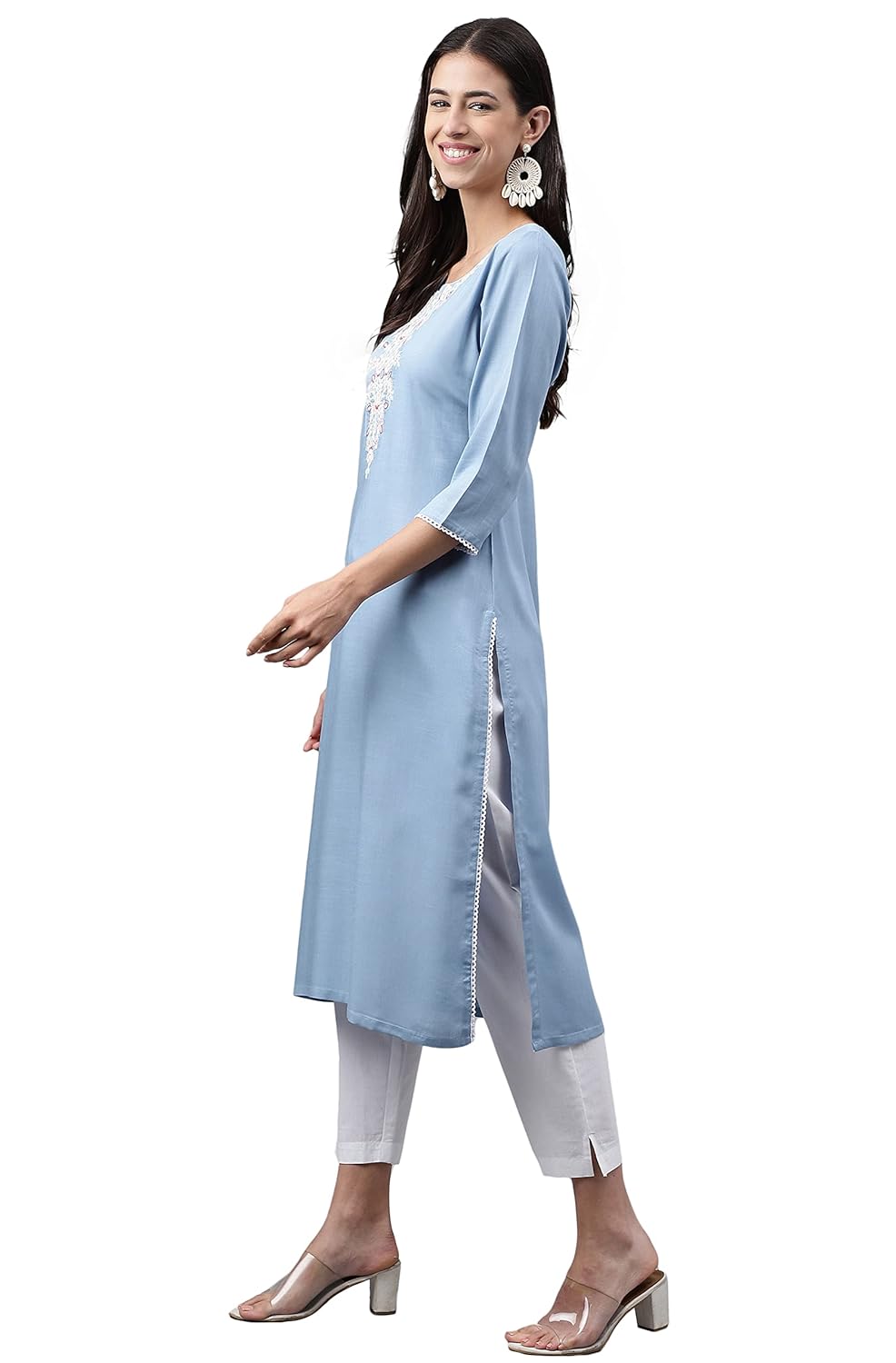 Janasya Women's Light Blue Rayon Solid Straight Kurta