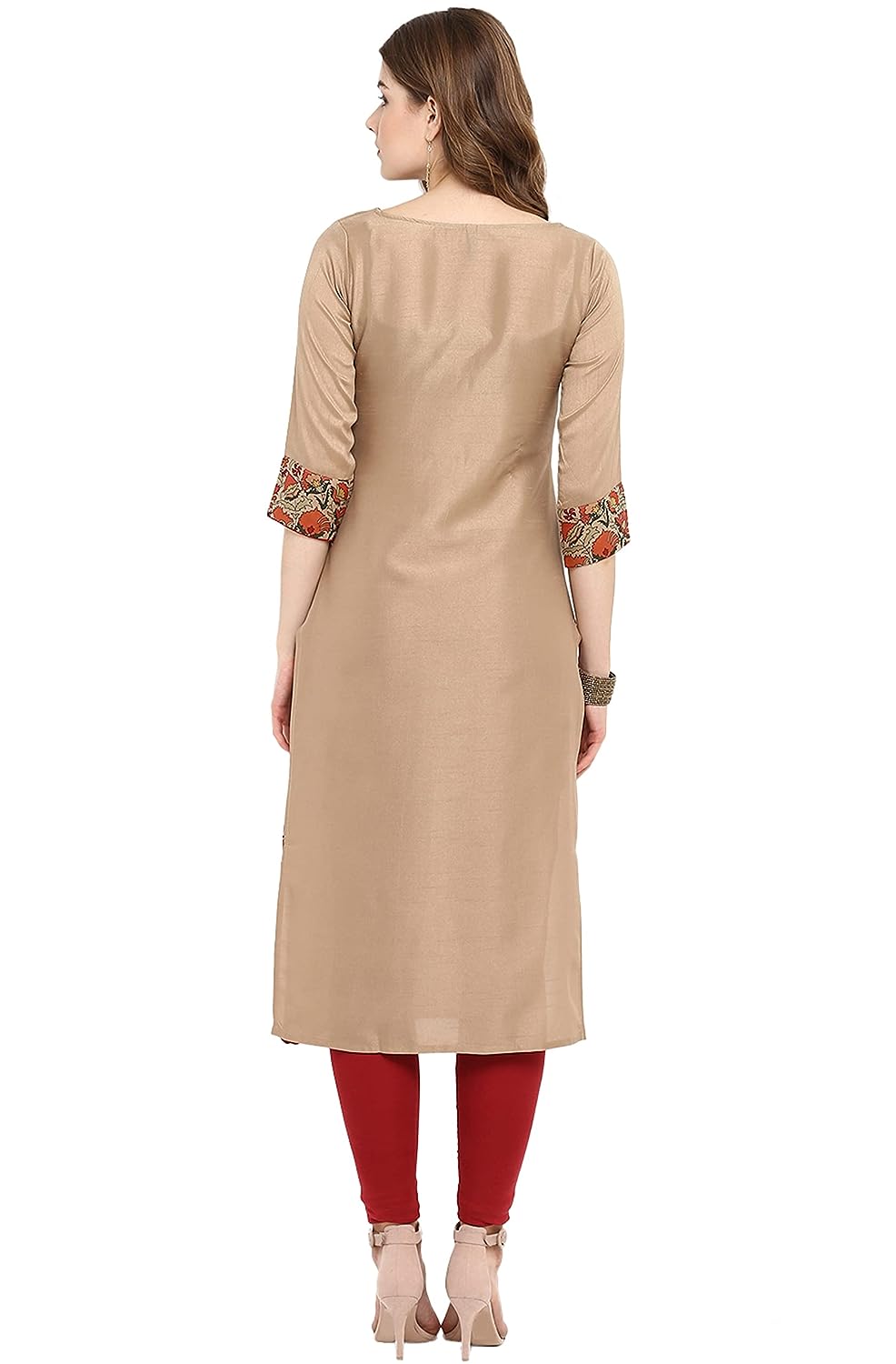Janasya Women's Beige Poly Silk Floral Print Straight Kurta
