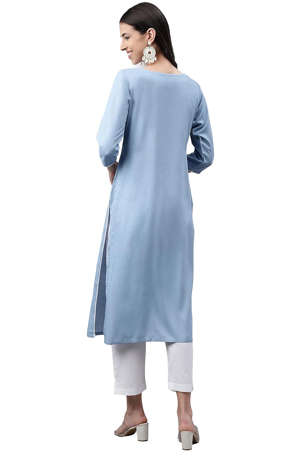 Janasya Women's Light Blue Rayon Solid Straight Kurta