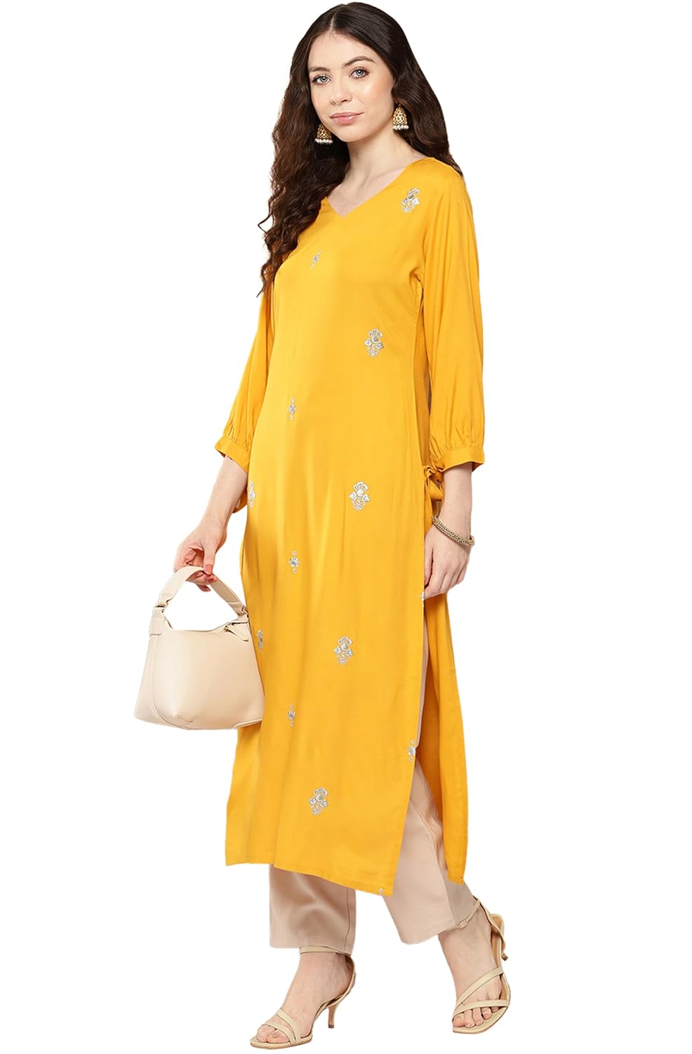 Janasya Women's Mustard Rayon Embroidered Straight Kurta