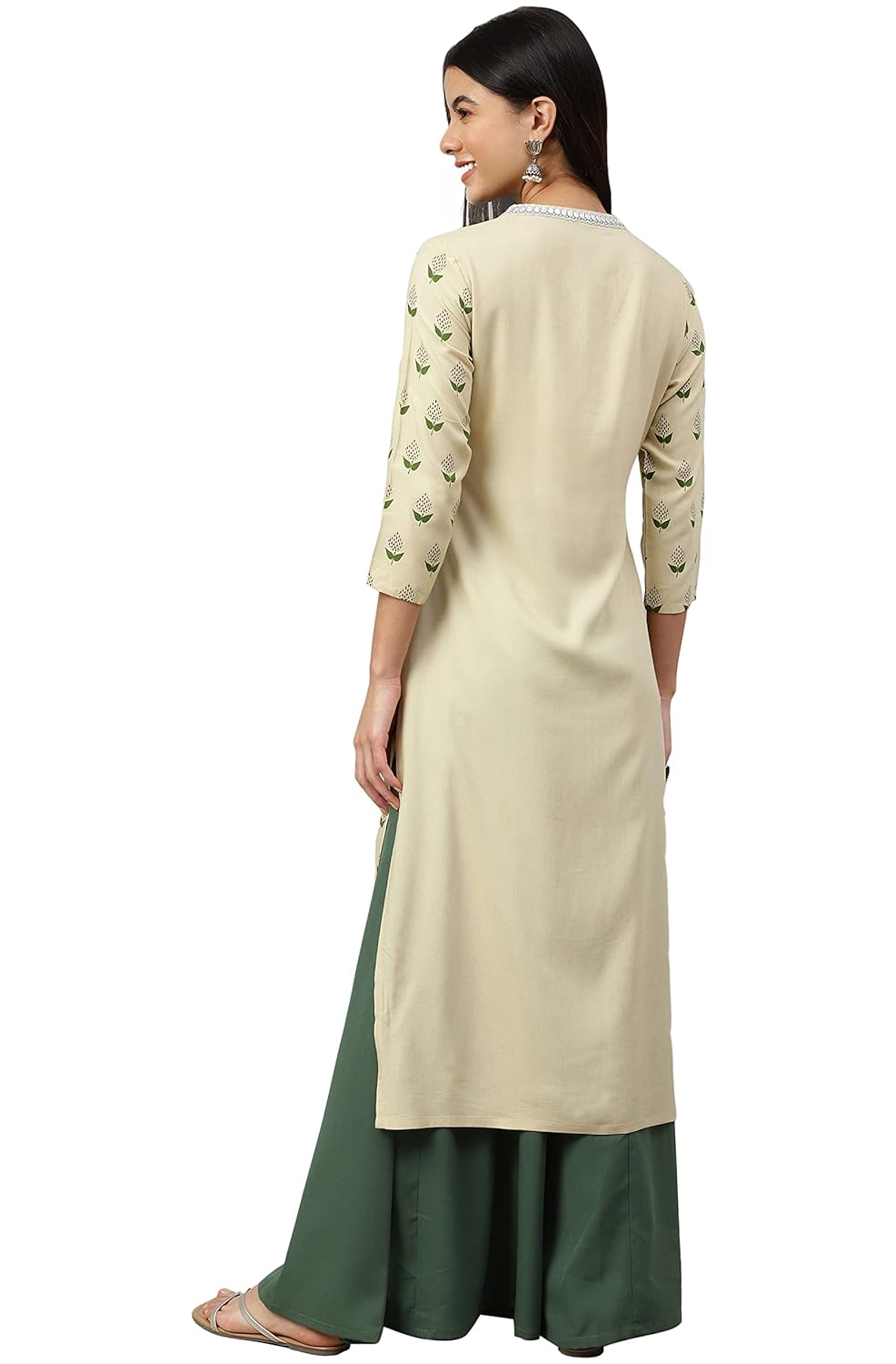 Janasya Women's Beige Rayon Botanical Print Straight Kurta
