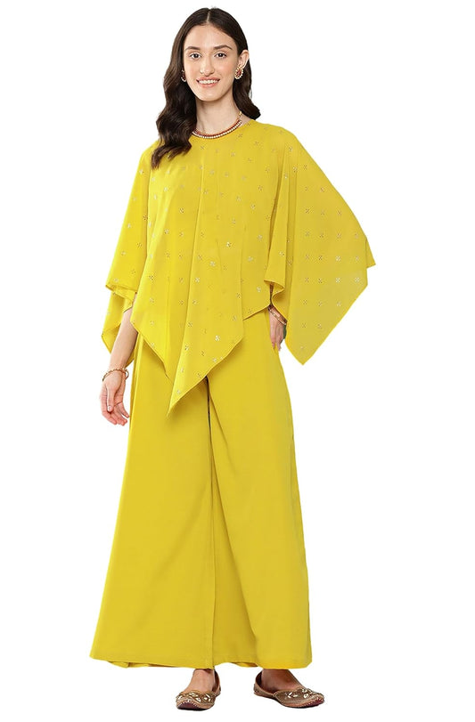 Janasya Women's Yellow Crepe Solid Co ord Set