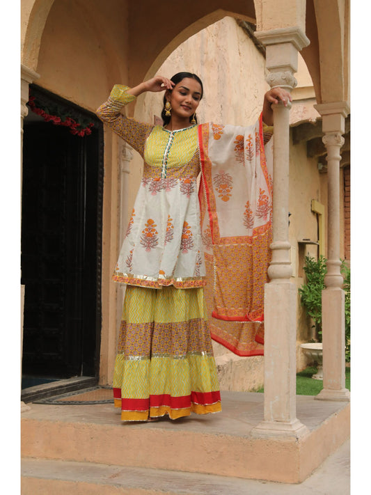 ISHIN Women's Off White & Yellow Embellished Peplum Kurta Sharara Dupatta (Set of 3)