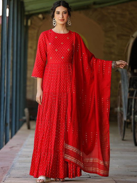 Scakhi Embellished Fit & Flare Tiered Cotton Jacquard Maxi Ethnic Dress With Dupatta