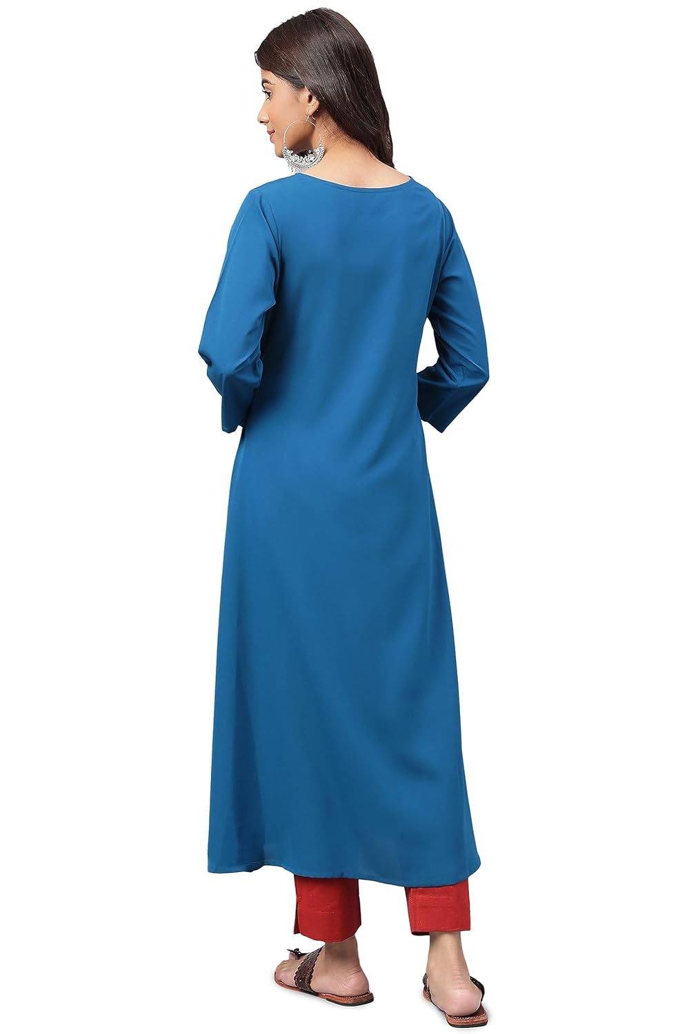 Janasya Women's Teal Blue Crepe Ethnic Motif Printed A-Line Kurta with Tassels