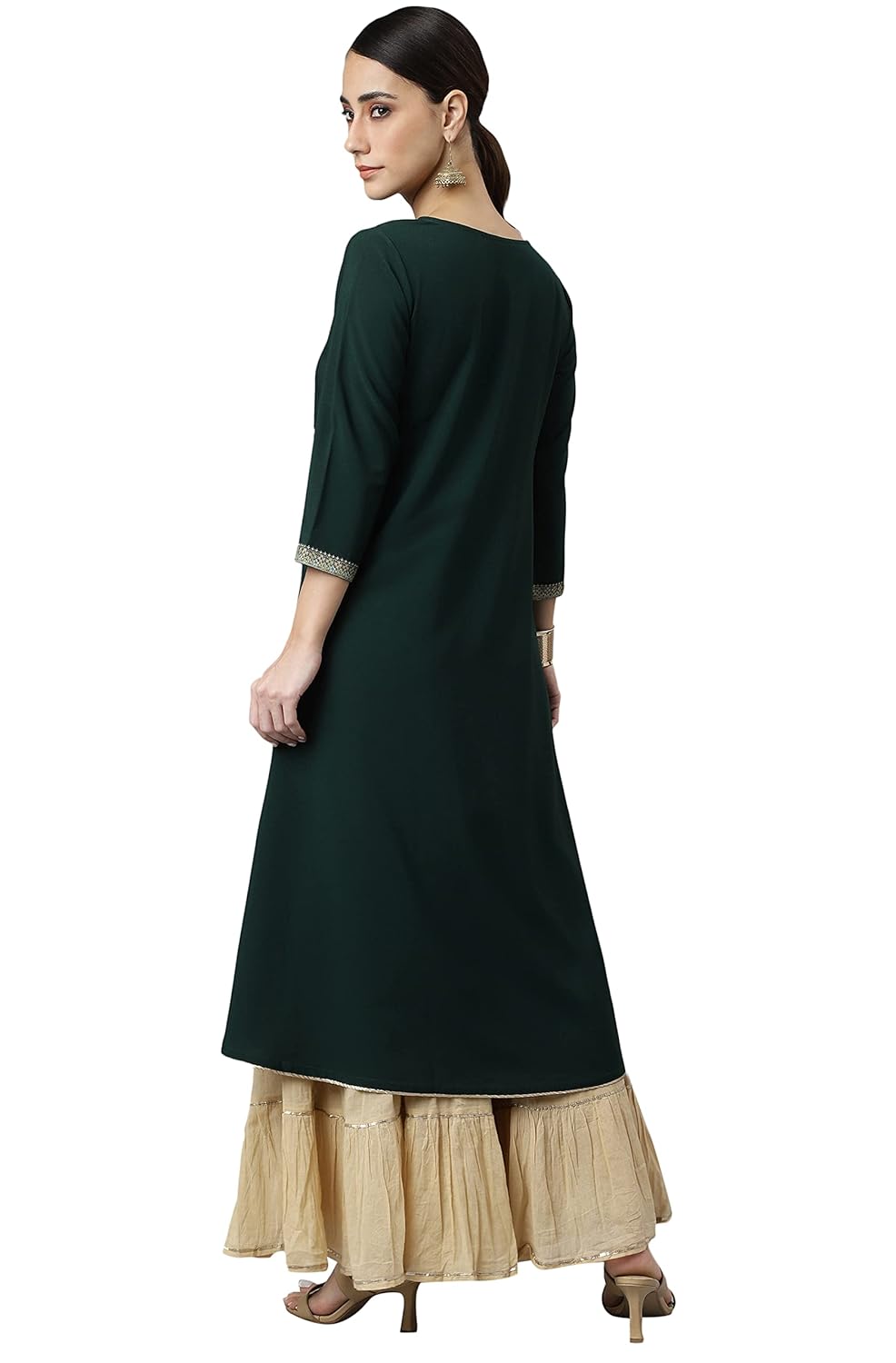 Janasya Women's Green Crepe Foil Print Straight Kurta