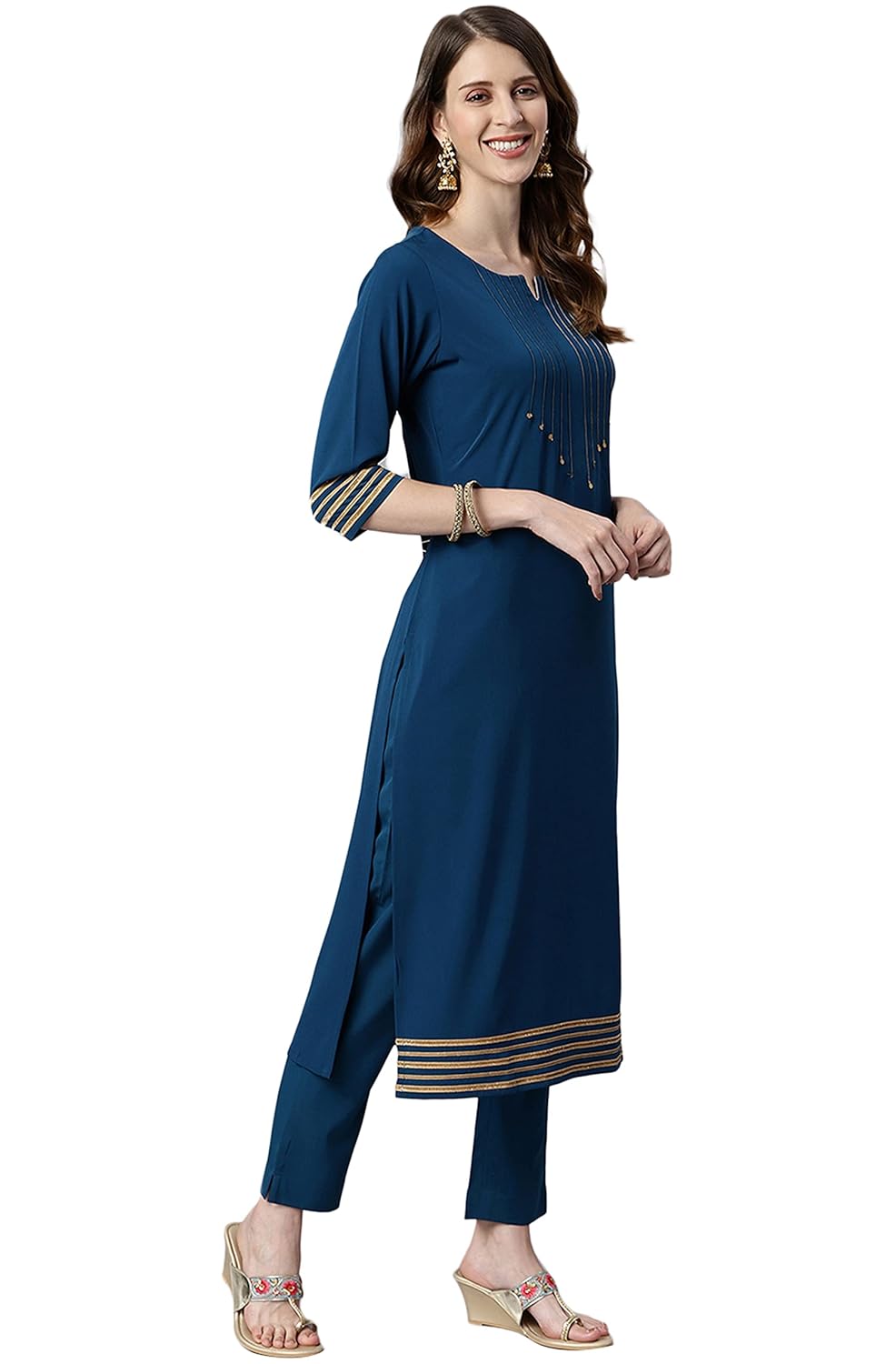 Janasya Women's Teal Poly Crepe Kurta with Pant