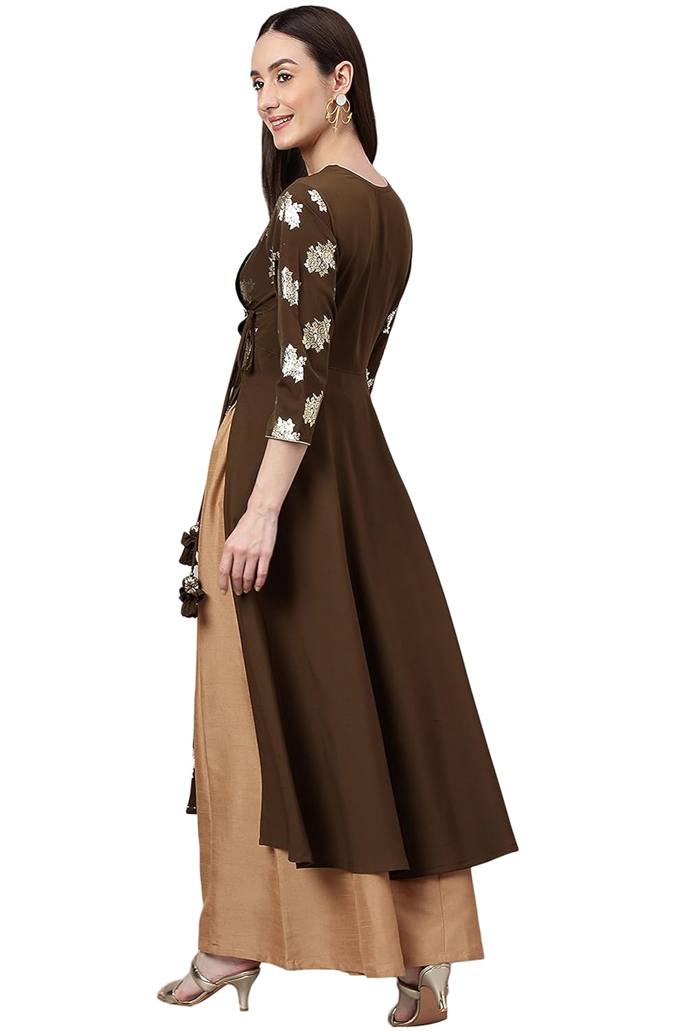 Janasya Women's Olive Crepe Foil Print Angrakha Kurta