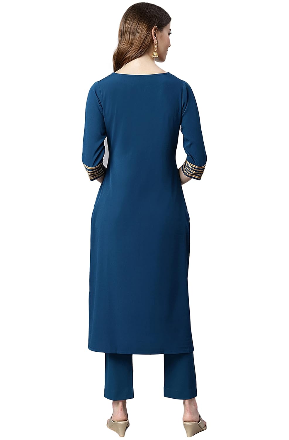 Janasya Women's Teal Poly Crepe Kurta with Pant