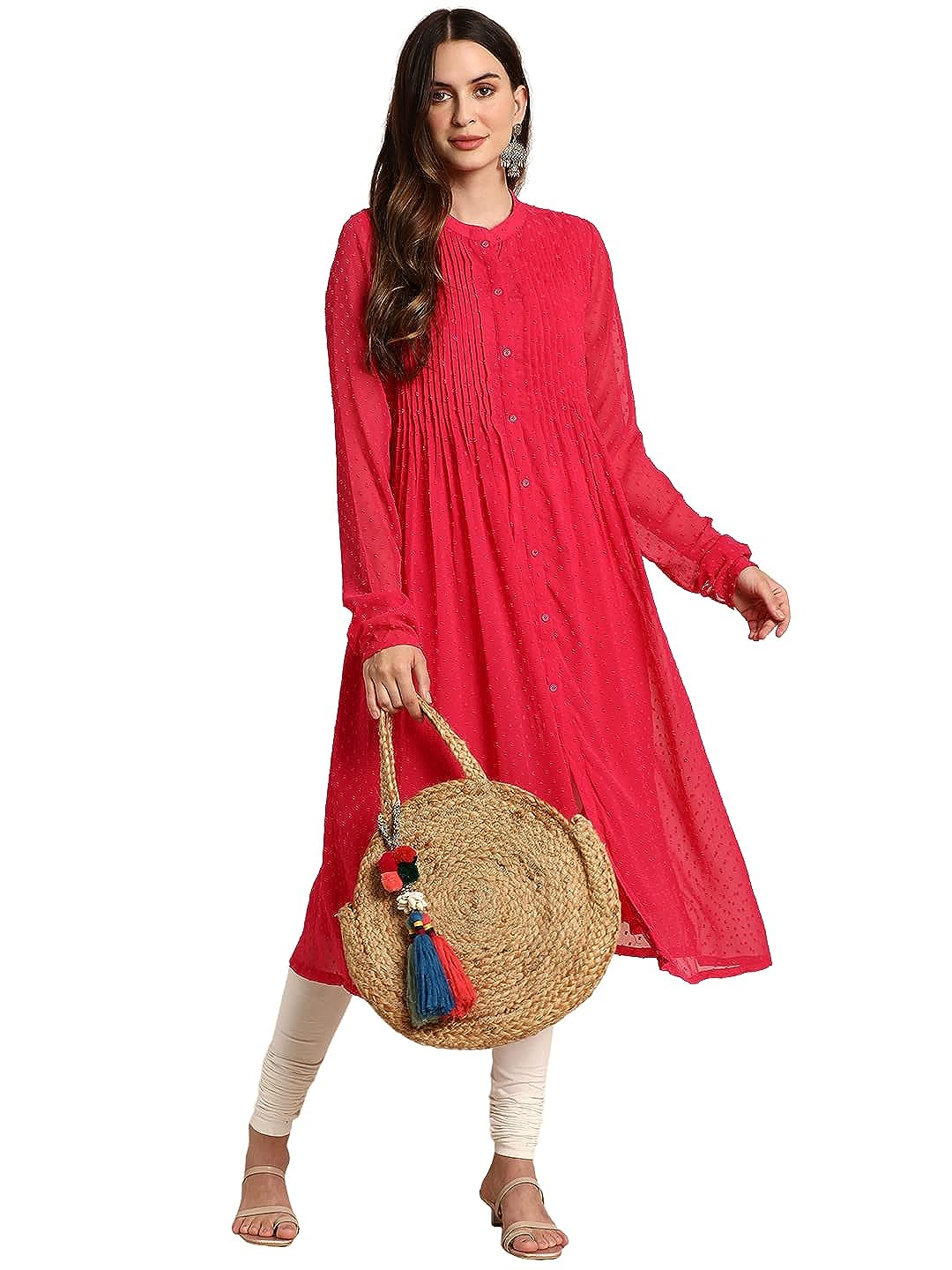 Janasya Women's Pink Poly Chiffon Self Design Frontslit Kurta
