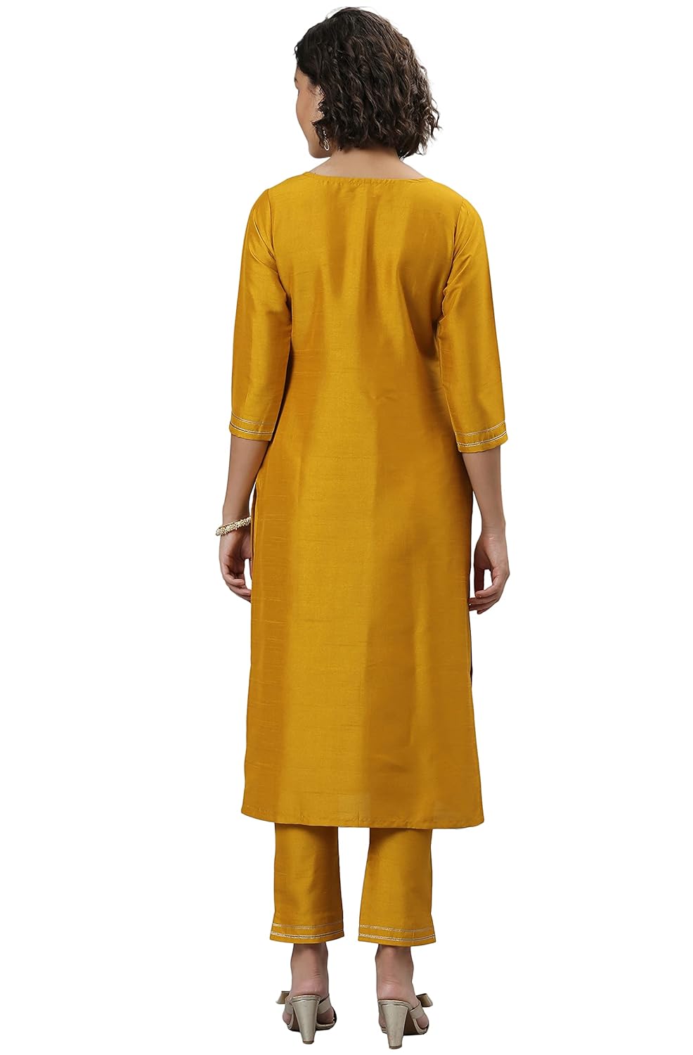 Janasya Women's Mustard Poly Silk Solid Kurta with Pant