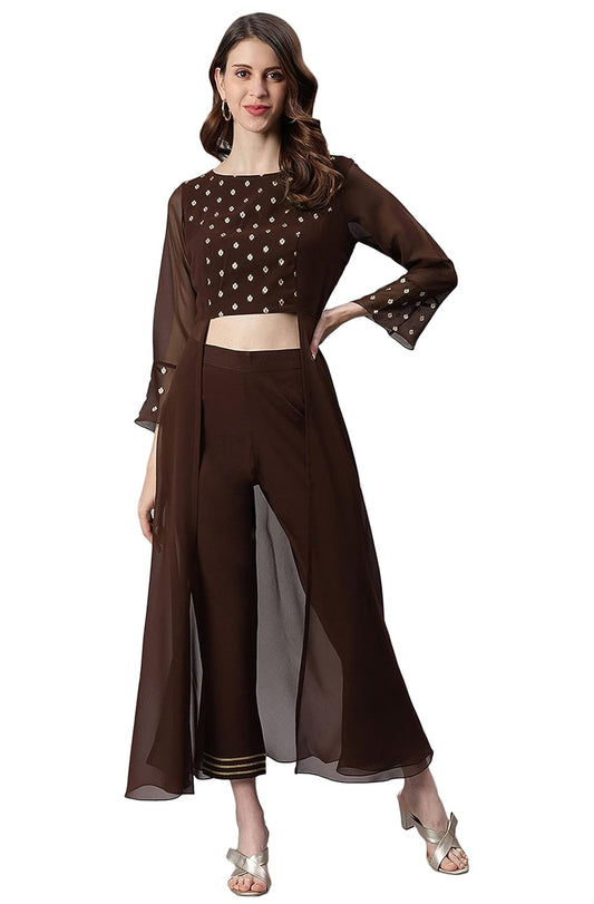 Janasya Women's Brown Georgette Ethnic Motifs Top with Pant