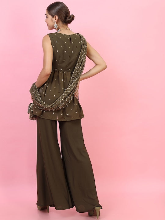 Vishudh Women Olive Green Embroidered Pleated Kurti with Palazzos & With Dupatta