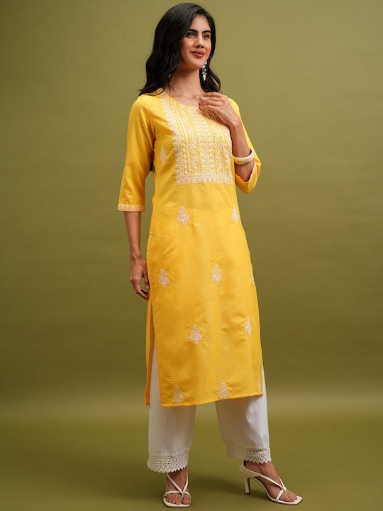 Vishudh Floral Embroidered Round Neck Straight Kurta