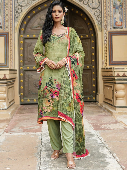 Scakhi Floral Printed Regular Mirror Work Silk Crepe Kurta with Trousers & Dupatta