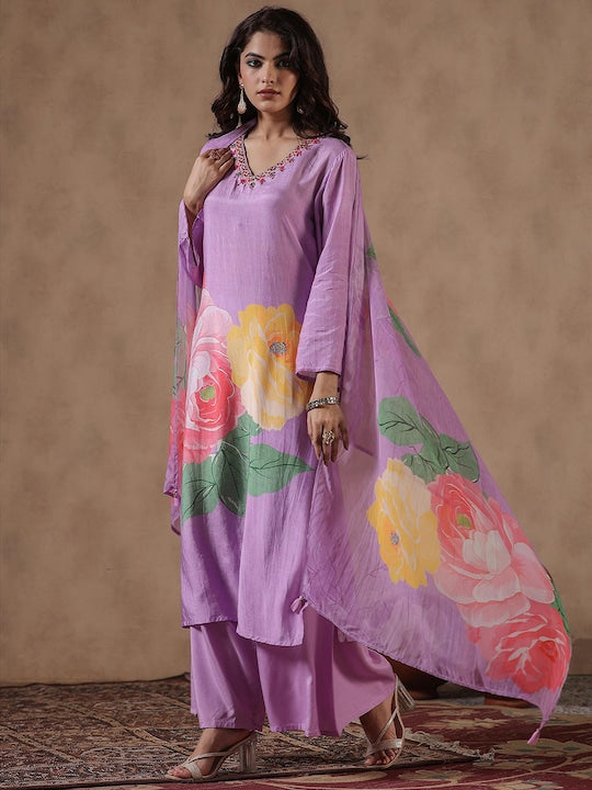 Scakhi Floral Printed Thread Work Straight Kurta With Sharara & Dupatta